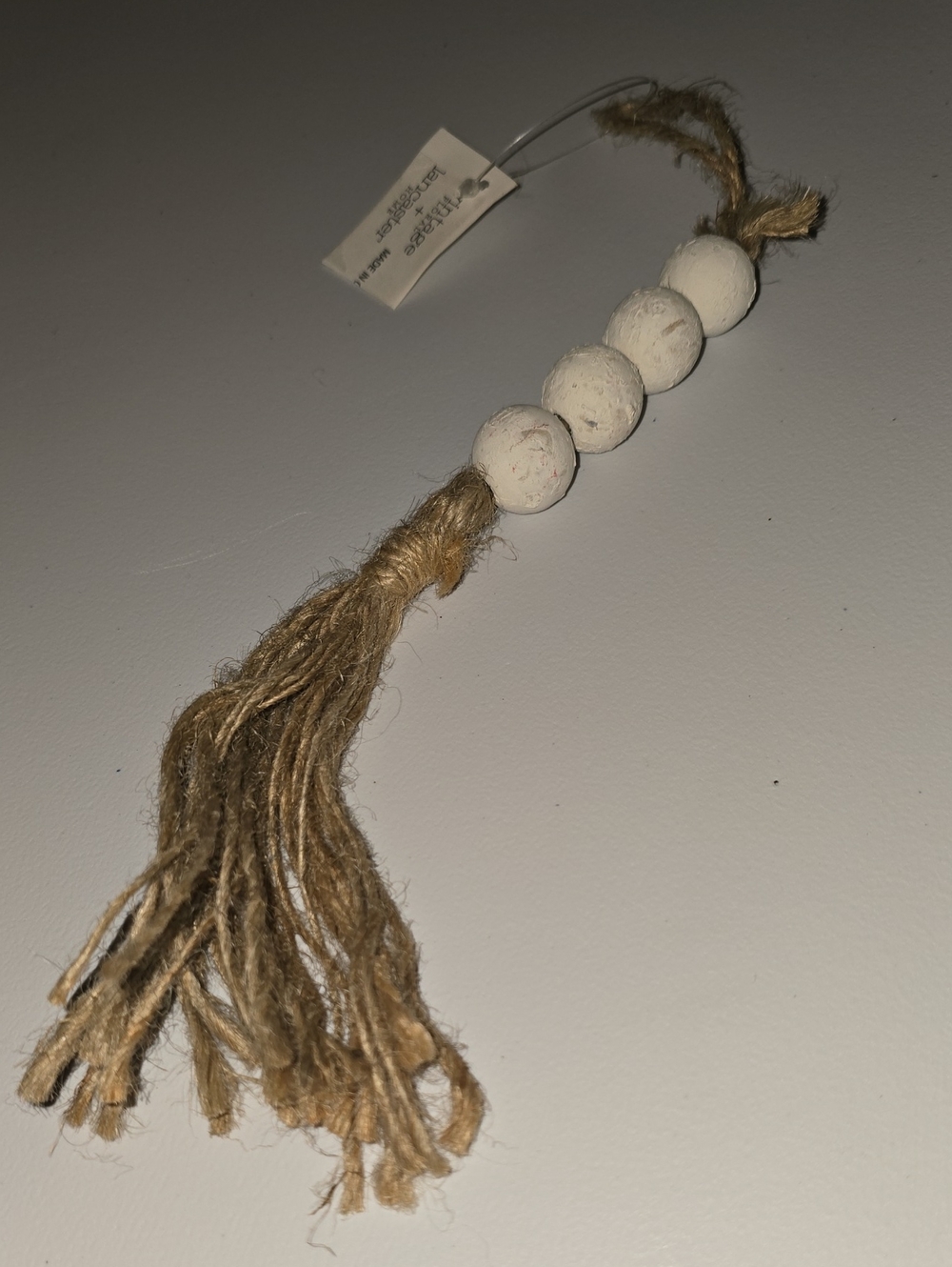 Rustic Jute Tassel Charm with White Beads